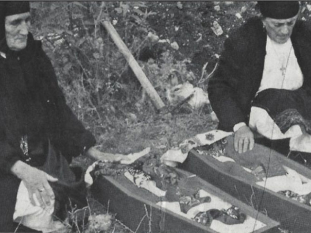 This photo shows the reburial ceremony of Prena and Dina Gjikola in 2003, in their birthplace in Mirdita region, North Albania. Photo courtesy: Fatbardha Saraci.