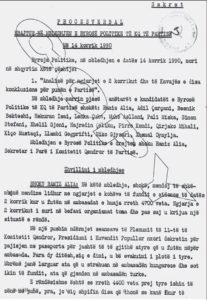 Faksimile e procesverbalit të mbledhjes së Byrosë Politike